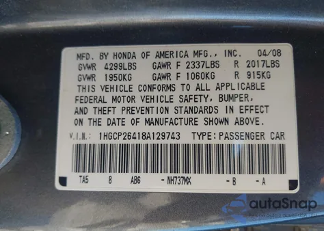 2008 Honda Accord Lxp from USA, damaged, VIN 1HGCP26418A129743